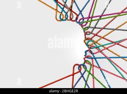 Human connections and personal connected network as a group of diverse ropes linked together as a shape of a person as a creativity and mental health. Stock Photo