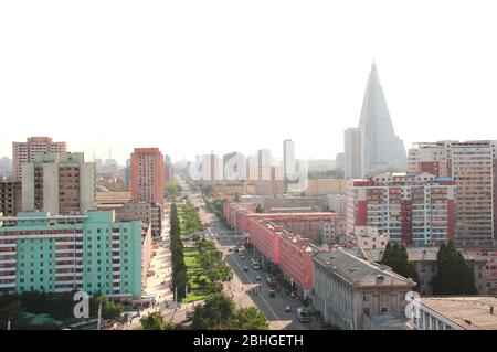 NORTH KOREA, PYONGYANG - SEPTEMBER 14, 2017: Aerial view of the central avenue and Ryugyong Hotel, Pyongyang - capital city of North Korea (DPRK). Vie Stock Photo