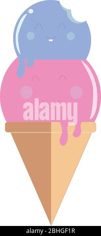 Smiling ice-cream vector graphic. Illustration of ice-cream cone with pink and blue scoops of ice-cream on top - happy smiling icecream of strawberry Stock Vector