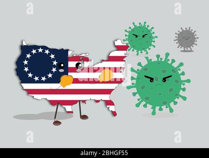 United States of America country fighting with corona virus. Illustration of American flag in the shape of the United States of America country, weari Stock Vector