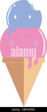 An ice-cream cone with two scoops of ice-cream. Happy strawberry scoop and sad bitten blueberry taste scoop sitting on top. Stock Vector