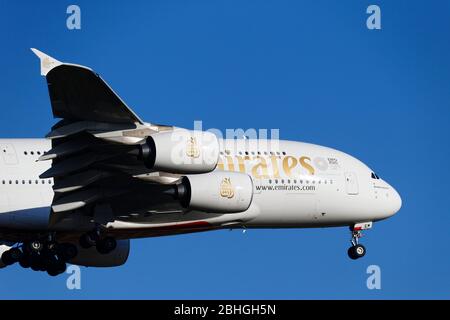 Emirates A-380-800, passenger jet aircraft on landing approach Stock Photo