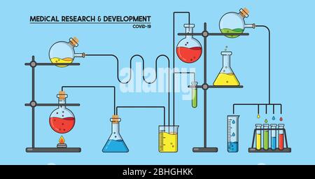 Medical research and development illustration isolated on blue background. Cartoon style experiment with various chemicals in flasks, in search for a Stock Vector