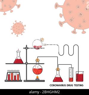 Medical research  illustration isolated on white background. Cartoon style experiment with various chemicals in flasks, in search for a treatment, cur Stock Vector