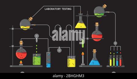 Medical research and development illustration isolated on black background. Cartoon style experiment with various chemicals in flasks, in search for a Stock Vector