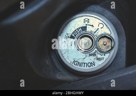 Motorcycle Engine Starter and Ignition lock. The key is in the ignition lock Stock Photo