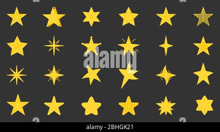 Set of yellow star icons. Collection flat simple graphic starry element for web site, pictogram, apps. Cartoon stars different shapes as award in game. Isolated on dark background vector illustration Stock Vector