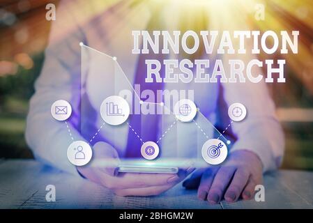 Writing note showing Innovation Research. Business concept for Existing Products Services come into New Being Stock Photo