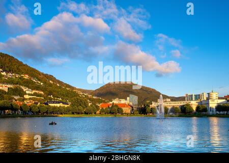 Bergen, Hordaland / Norway - 2019/09/03: Panoramic view of city center with Lille Lungeren park, Lille Lungegardsvannet pond and surrounding hills Flo Stock Photo