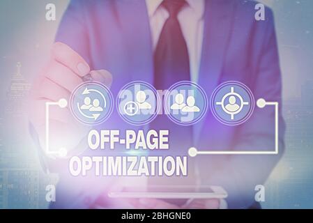 Handwriting text writing Off Page Optimization. Conceptual photo Website External Process Promotional Method Ranking Stock Photo