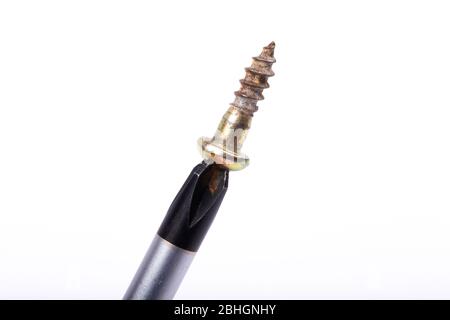 different set of screws and screwdriver on white background Stock Photo