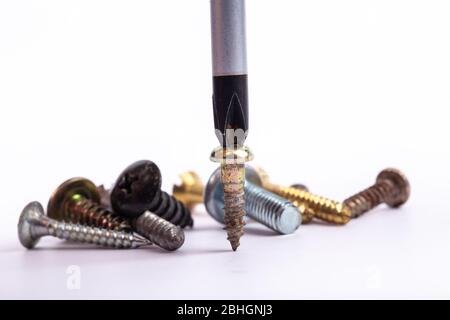 different set of screws and screwdriver on white background Stock Photo