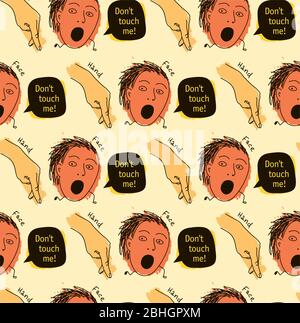 Doodles dont touch hand face hygiene seamless pattern Stock Vector