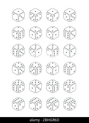 Large set of game cubes on white background, all possible dice turns in isometric view Stock Vector