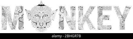 Word monkey with the head of an animal. Vector zentangle object for coloring Stock Vector