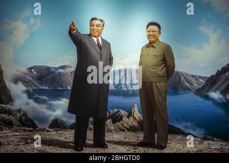 Kim Il-sung and his son Kim Jong-il at the Mount Paektu, North Korea Stock Photo