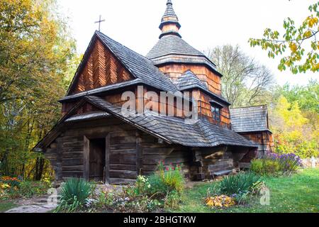 old wooden church in National Museum of Folk Architecture and Life of Ukraine Stock Photo
