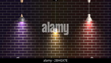 Dark brick wall illuminated by lamps, vector illustration. Stock Vector
