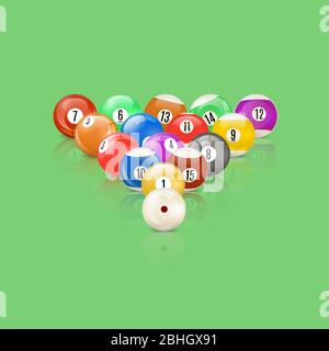 Set of 3D glossy snooker balls with mirror reflection, vector illustration. Stock Vector