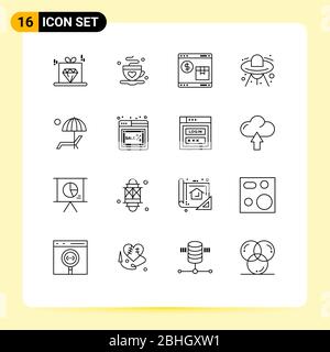 Set of 16 Commercial Outlines pack for beanch, space, internet, ship, web Editable Vector Design Elements Stock Vector