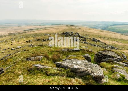 View from Longaford Tor, facing south towards Littaford Tors. The valley of the West Dart River is to right.Dartmoor National Park, Devon, England, UK Stock Photo