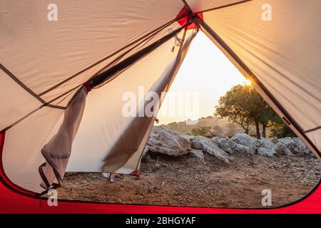 Tent lookout on a Camp in the mountains at sunset Stock Photo