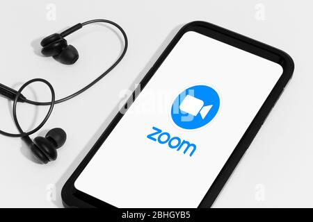 Galicia, Spain; april 25, 2020 : Smart phone showing Zoom Communications app and logo on screen Stock Photo