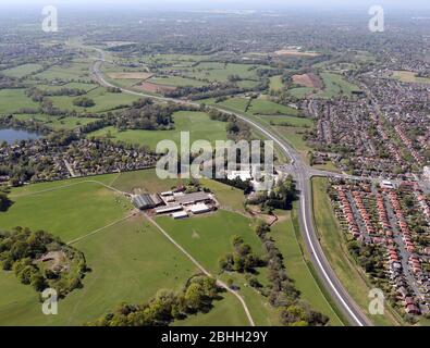 aerial view of the A555 Manchester Airport Eastern Link Road at Hazel Grove, Cheshire Stock Photo