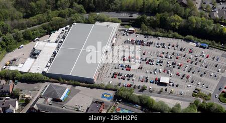 aerial view of the Tesco Extra supermarket at Central Park Way, Wigan, Lancashire Stock Photo