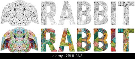 Word rabbit. Vector zentangle object for decoration. Color and outline set Stock Vector