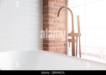 Sunny morning in white modern loft bathroom Stock Photo