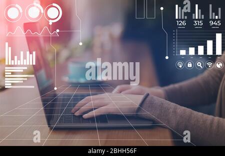 Female hands on laptop. Collage with graphs and charts Stock Photo