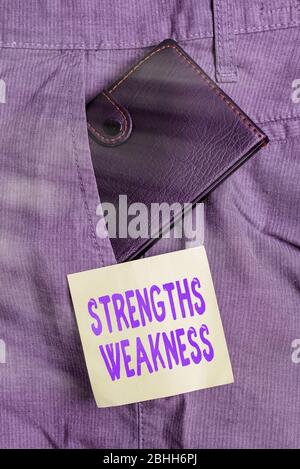 Writing note showing Strengths Weakness. Business concept for Opportunity and Threat Analysis Positive and Negative Small wallet inside trouser front Stock Photo