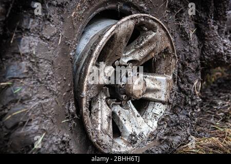 Offroad flat tyre and rim in mud close up. Stock Photo