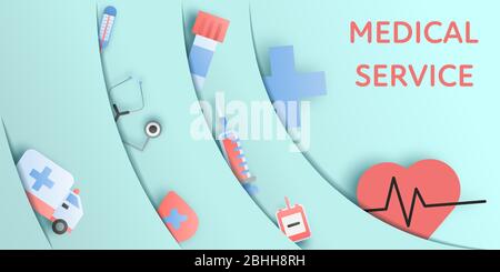 Paper art style of medical and health care icon and light blue paper layer background with copy space for text and message. Stock Vector