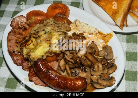 Full English Breakfast including sausages, grilled tomatoes and mushrooms, egg, bacon, baked beans and bread. Stock Photo