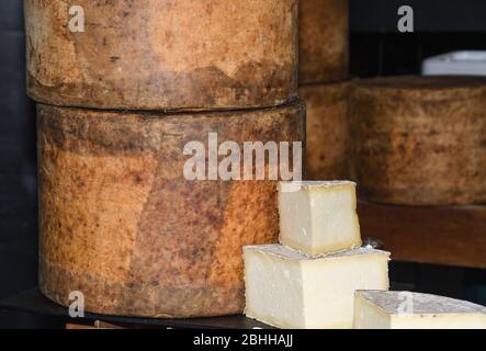 sheep's milk blue cheese aged in fine a variety of cheeses for sale at Borough Market in London, United Kingdom. Stock Photo