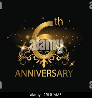 6th years anniversary celebration. 6th anniversary logo with gold color, foil, sparkle Stock Vector