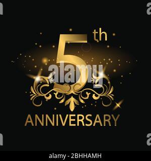 5th years anniversary celebration. 5th anniversary logo with gold color, foil, sparkle Stock Vector