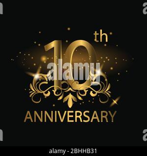 10th years anniversary celebration. 10th anniversary logo with gold color, foil, sparkle Stock Vector