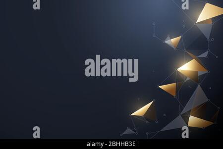 Abstract futuristic background. Molecules technology with polygonal shapes. Connection network concept. Gold and grey connecting dots and lines Stock Vector