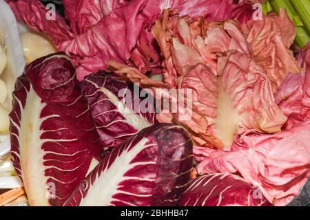 Red radicchio pink endives vegetables raw whole purple pink color on display in famous Borough Market in London Stock Photo