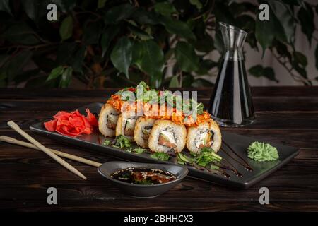 Sushi Roll Set Plate Soy Sauce Dark Wooden Background Stock Photo