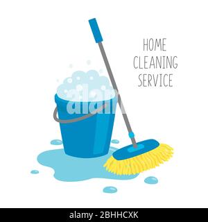 Home cleaning service. Mop and blue bucket full of soapy foam with bubbles, in a puddle of water . Stock Vector