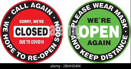 Closed and Open Signage or Door Sticker for Coronavirus Covid-19 Quarantine. Vector sign. Stock Vector