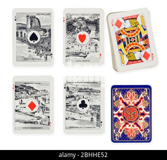 Victorian Manx themed playing cards showing local views and three legs symbol Stock Photo