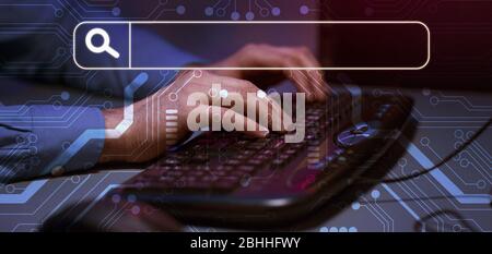 Blank search bar and male hands typing on keyboard Stock Photo