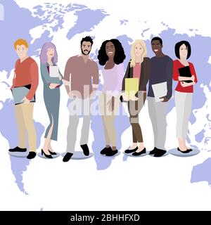 International students boy and girl on world map background. Multicultural people greeting and welcome, african and american teen with book illustrati Stock Vector