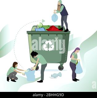 People collect and recycle garbage. Vector recycle waste plastic, illustration of ecology cleaning, volunteer throw and collecting trash Stock Vector