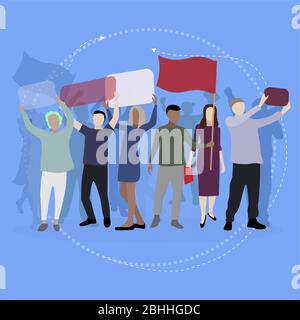 Crowd protesting people with banners and placards. Man woman in political meeting, parade and rally. Male female protesters activists. Vector illustra Stock Vector